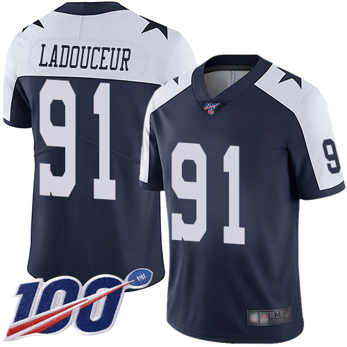 Men Dallas Cowboys Limited Navy Blue L. P. Ladouceur Alternate #91 100th Season Vapor Untouchable Throwback NFL Jersey